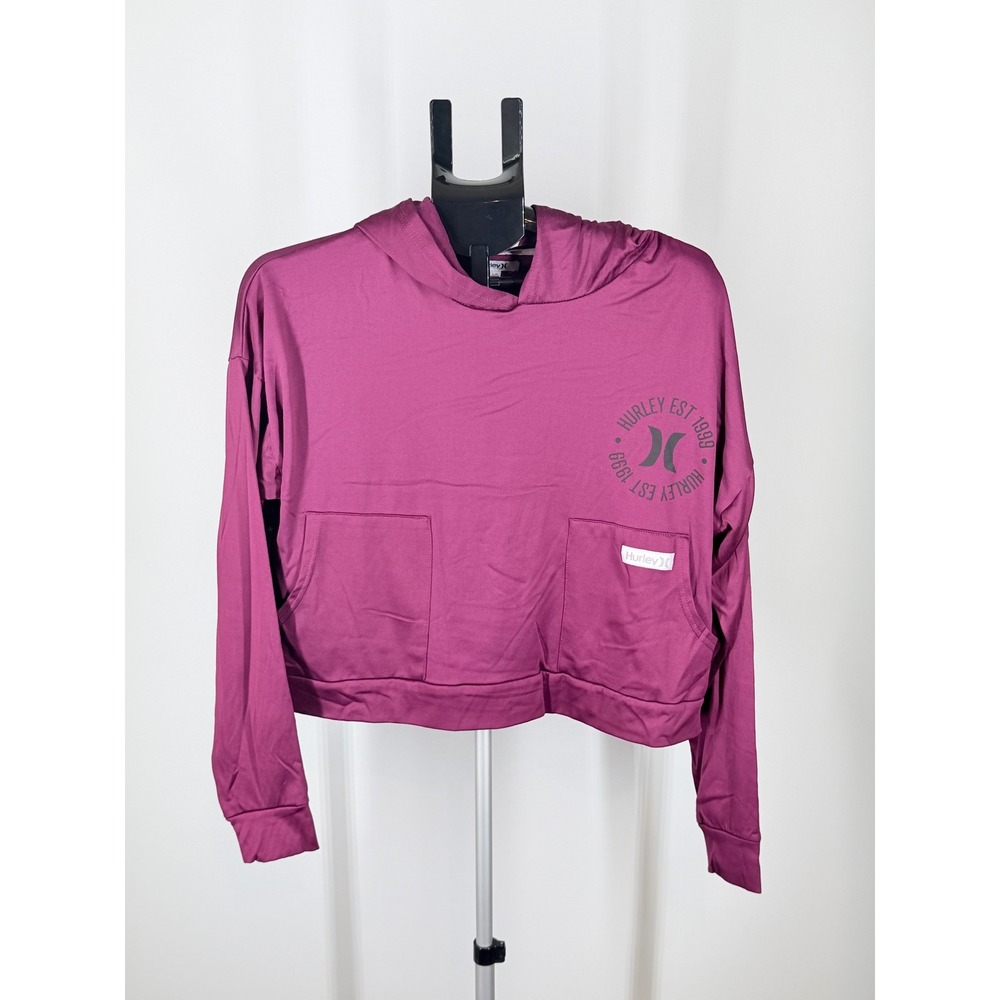 Hurley Womens Cropped Hoodie Plum Purple Graphic Logo Pockets Size L